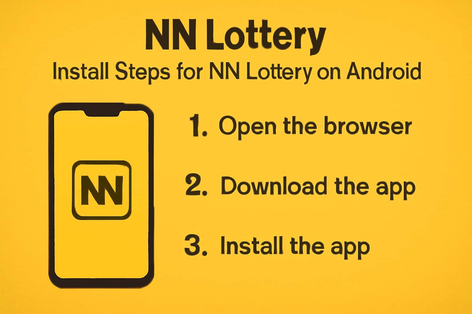 An informative scene depicting the installation steps for NN Lottery on Android.