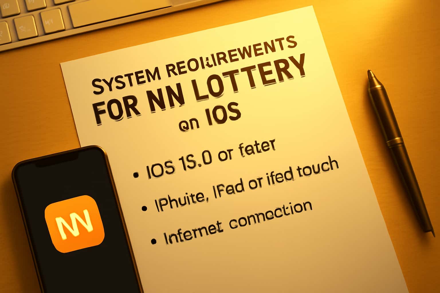 An informational graphic showcasing the system requirements for NN Lottery on iOS.