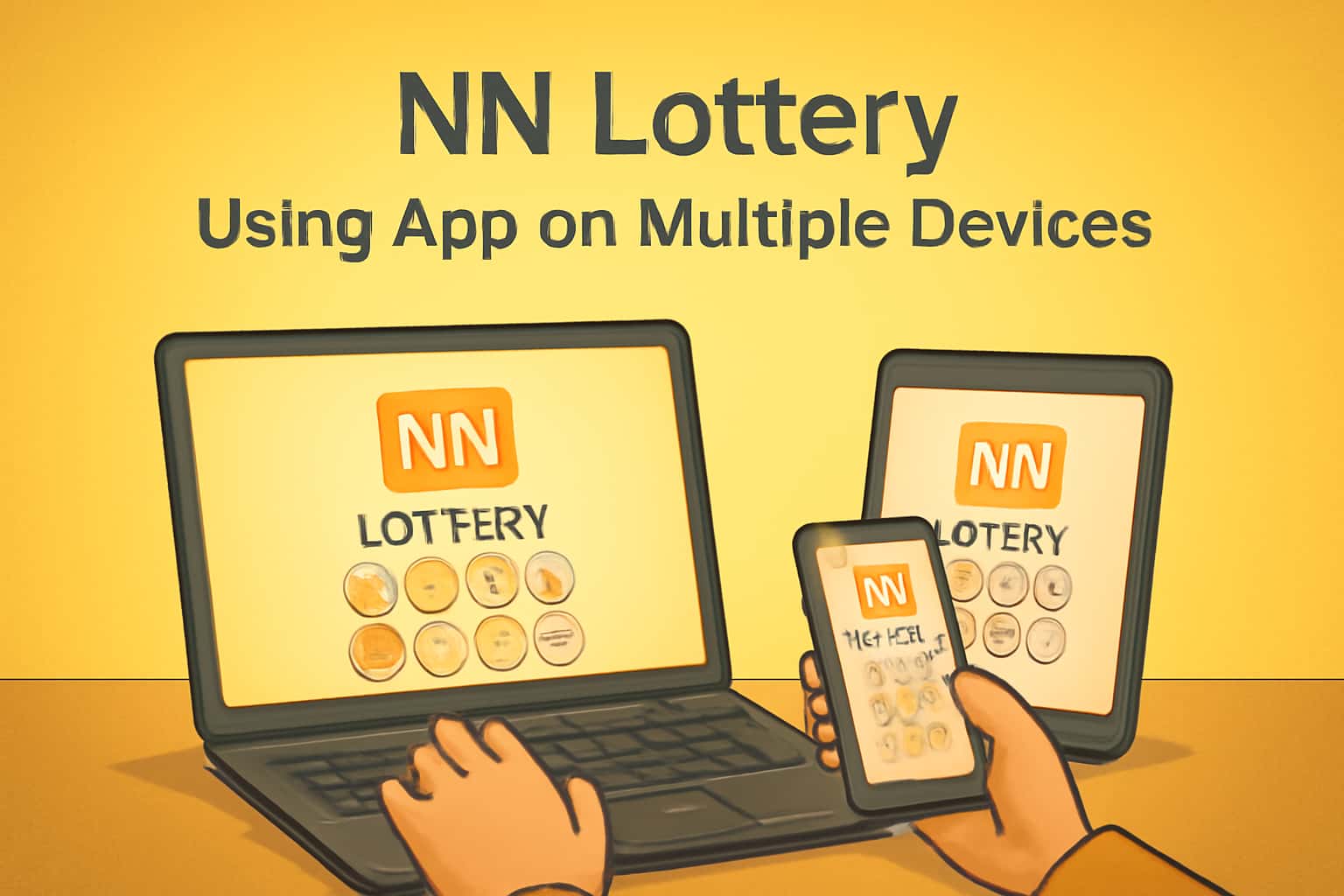 An informational graphic showing the NN Lottery app in use on different devices.